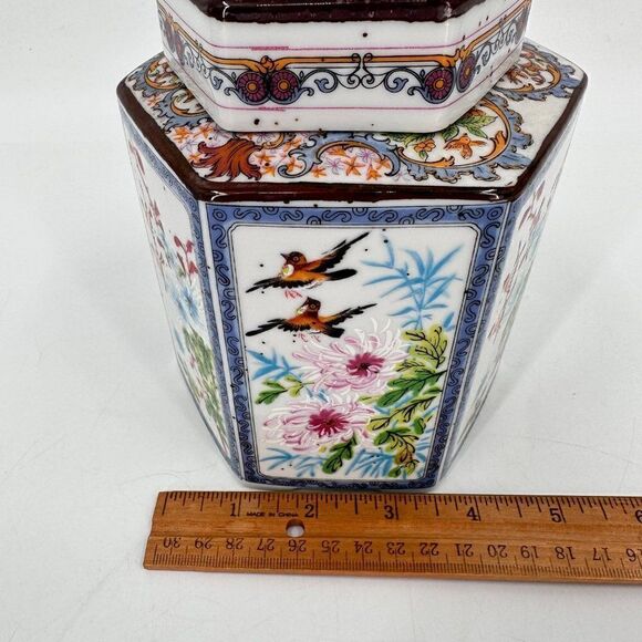 Hexagon Asian Handpainted Ceramic Ginger Tea Jar Mid Century Modern Birds MCM - Picture 5 of 9